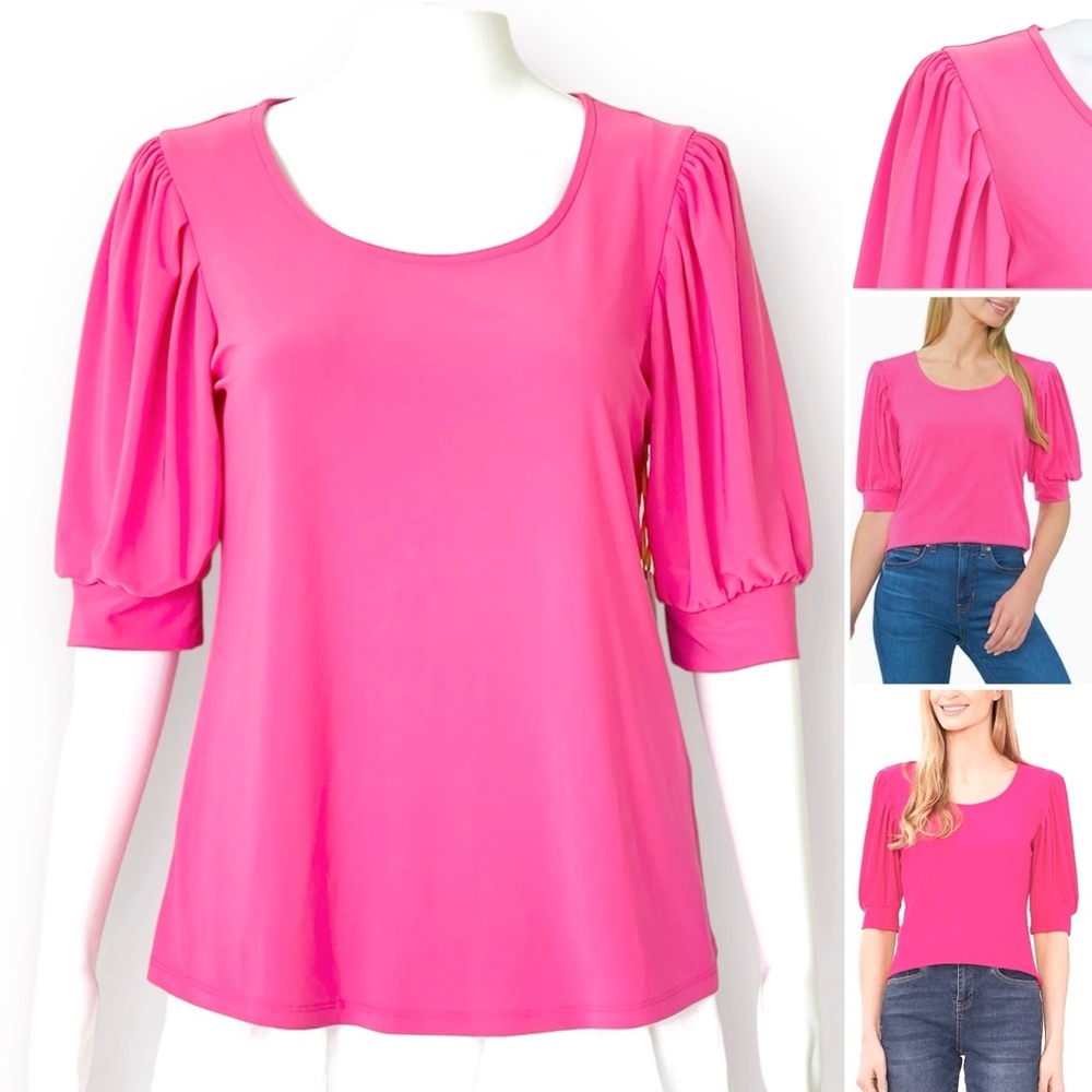 CeCe Blouse Shirred Elbow 3/4 Sleeve Pullover Stretch Scoop-Neck Lightweight
